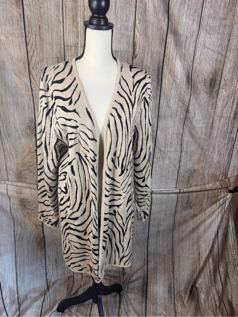 JM Collection Beige and Black Zebra-Print Open Cardigan